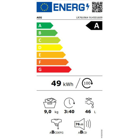 AEG LR76U964 Lave-linge 9 kg 1600 tr/min UniversalDose ProSteam